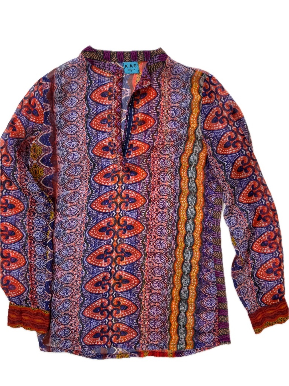 KAS Blouse Womens M Multicolor Paisley Tunic Collared Long Sleeve Sheer